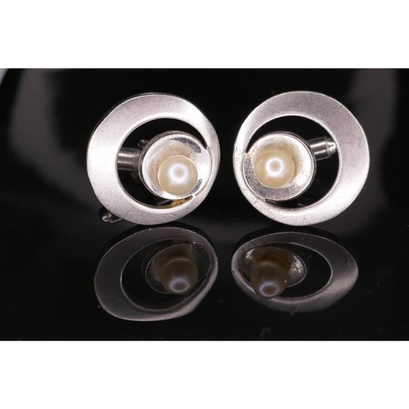 MCM Signed P&K Sterling Silver Atomic Look Cuff Links With Pearls Wedding Prom - Picture 6 of 12
